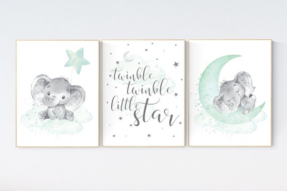 Elephant nursery art, elephant nursery print, mint nursery decor, cloud and stars nursery, baby room , gender neutral, aqua, moon and stars