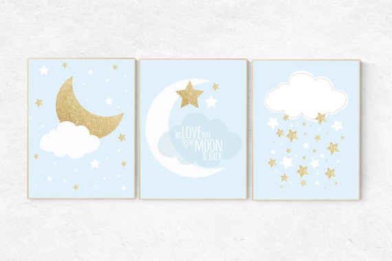 Blue gold nursery, we love you to the moon and back, blue and gold baby nursery decor, baby room decor boy, nursery decor boy, boys room