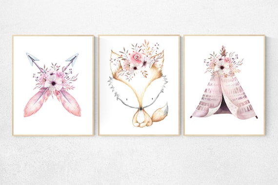 Nursery decor girl boho, nursery decor girl woodland, nursery wall art, nursery wall decor girl, fox print, nursery prints girl adventure