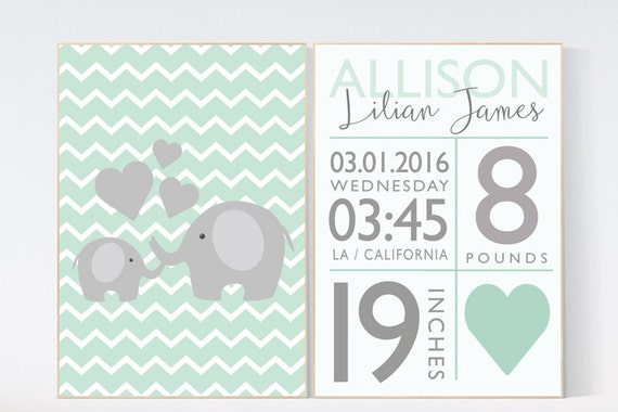 Baby birth stats, mint nursery decor, Baby Girl Baby Boy Toddler Room Wall Art Print, Playroom Room, elephant nursery, baby gift, set of 2