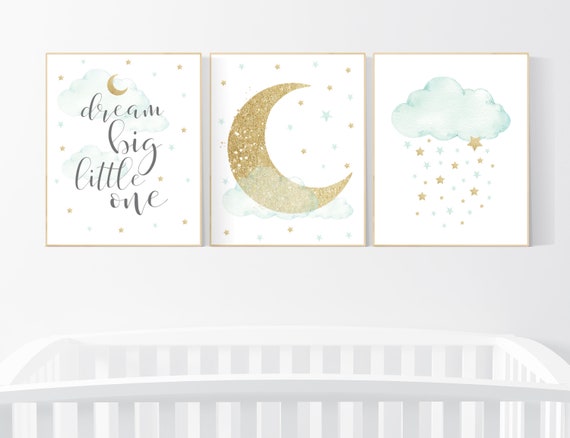 Nursery decor gender neutral, mint gold baby nursery, nursery decor boy and girl, cloud and star nursery, moon nursery wall decor