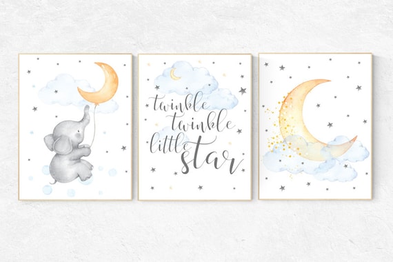 Baby room decor elephant, twinkle twinkle little star, cloud and stars, baby room art, moon and stars, gender neutral, nursery decor neutral