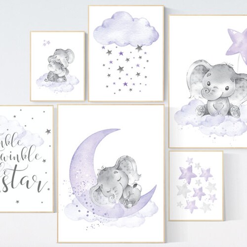 Nursery Decor Girl Purple Nursery Decor Elephant Girl Moon Etsy