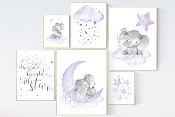 Nursery decor girl purple, nursery decor elephant girl, moon and stars, nursery prints girl, lavender, star nursery, lilac nursery decor,