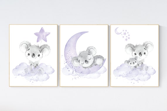 Nursery decor girl, koala nursery, moon and stars, purple nursery art, nursery prints animals, purple nursery decor, koala mother and baby