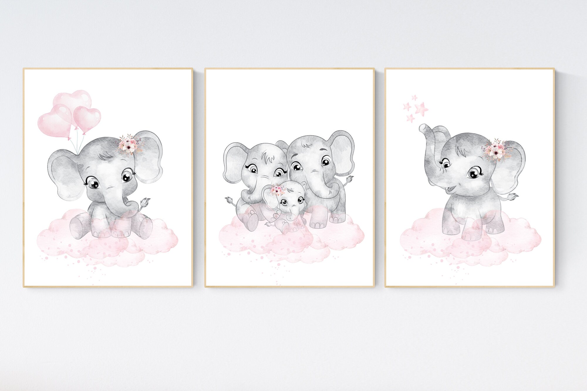Nursery decor girl pink and gray, Elephant nursery wall art, girl