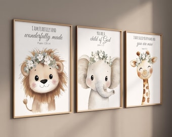 Animal Nursery Prints: Lion, Elephant, Giraffe, Christian Decor