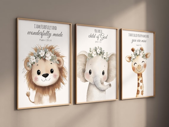 Bible Verse Animal Wall Art – Lion Elephant Giraffe Nursery Prints with Flowers – Christian Baby Room Decor, Woodland Scripture Set