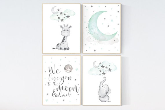 Nursery decor elephant, Giraffe nursery decor, Nursery decor girl giraffe, Mint nursery, gender neutral, we love you to the moon and back