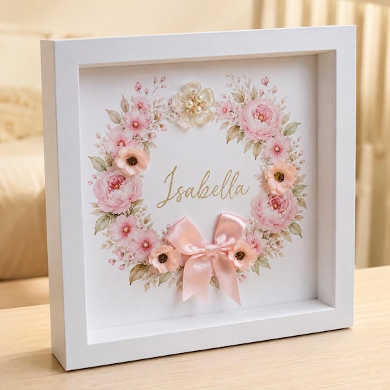 Personalized Baby Birth Stats Frame, 9x9 Pink Floral Nursery Art