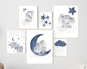 Nursery decor boy elephant, nursery wall art boy, navy Blue, moon and stars, navy nursery, boy nursery decor, elephant nursery art, star