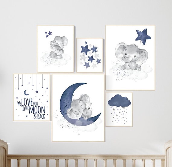 Nursery decor boy elephant, nursery wall art boy, navy Blue, moon and stars, navy nursery, boy nursery decor, elephant nursery art, star