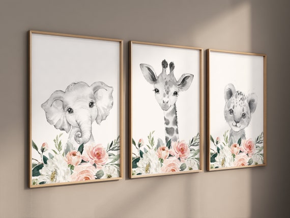 Safari Animals, girl nursery, Animals Prints, Woodland Nursery Decor, Safari Nursery Wall Art, floral animal prints, coral nursery