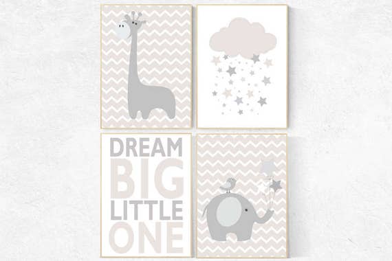 Gender neutral nursery, Dream big little one, beige and cream, cloud Nursery, Nursery Decor, Gray Beige gender neutral baby shower, cloud