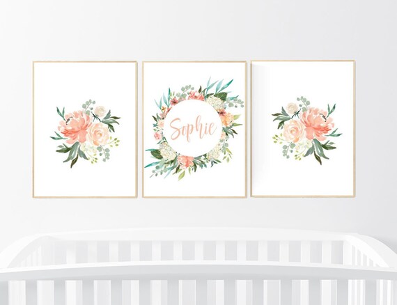 Nursery decor girl coral, nursery decor girl flower, name nursery wall girl, nursery decor girl floral, peach nursery decor flower, floral