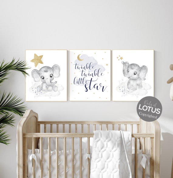 Nursery decor elephant, navy gold nursery decor, twinkle twinkle little star, moon and stars, elephant nursery, twinkle twinkle little star