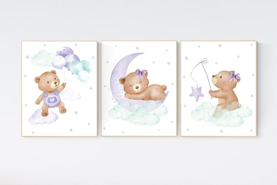 Baby girl nursery wall art, watercolor teddy bear print, moon and stars nursery decor, pastel purple baby room artwork, dreamy night sky art