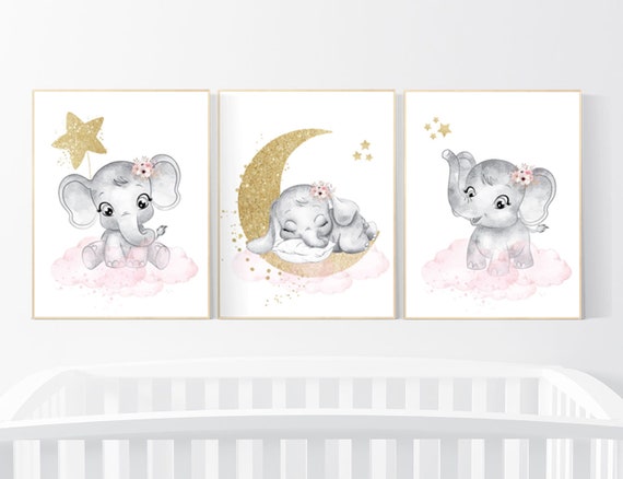 Girl nursery decor, pink elephant nursery prints,  nursery wall art girl, baby girl elephant nursery decor, pink and gold nursery art