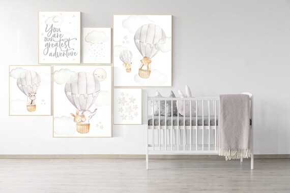 Nursery decor neutral, gender neutral nursery poster, you are our greatest adventure hot air balloon, neutral baby room decor, beige gray