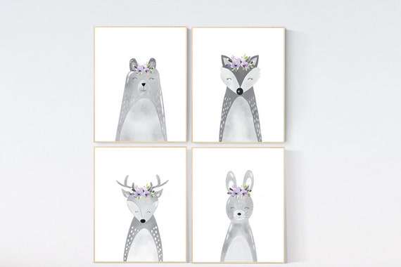 Nursery decor purple, animal nursery, Woodland nursery, lilac nursery, lavender nursery, nursery prints animals, woodland animals, grey