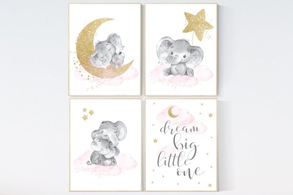 pink and gold nursery, dream big little one, Nursery decor girl elephant, pink nursery art, moon and stars baby room decor nursery wall art