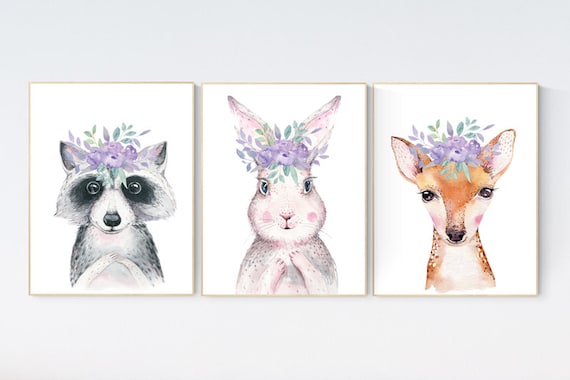 Nursery decor woodland, purple nursery, nursery decor animals, nursery wall art woodland animals, lilac, lavender, animal nursery