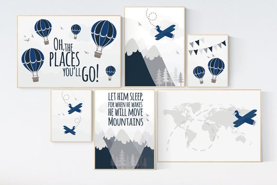 Let him sleep for when he wakes he will move mountains, Nursery decor boy adventure, navy nursery decor boy airplane, world map nursery