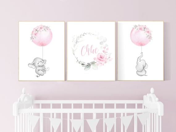 Nursery wall art girl elephant, pink nursery, nursery decor girl pink, floral nursery, nursery prints, baby room decor, girl nursery, floral