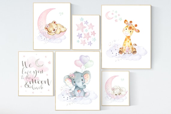 Nursery decor girl animals, nursery prints set, Nursery decor jungle, nursery prints animal, pink nursery art, elephant giraffe sheep bear