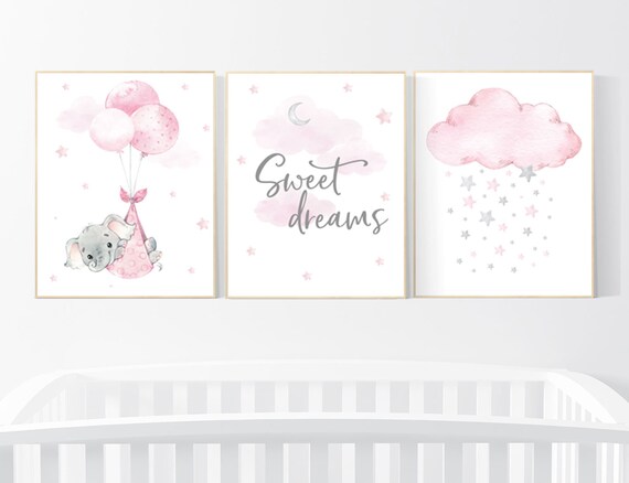 Nursery decor sweet dreams, Nursery decor girl elephant, baby room decor girl, nursery wall art elephant, pink gray, nursery prints elephant