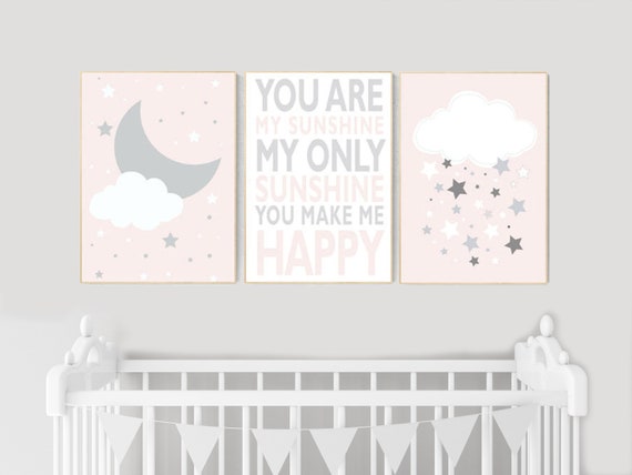 Blush nursery art, you are my sunshine my only sunshine, nursery decor, pale pink, moon nursery, baby girl nursery wall art, pink wall art