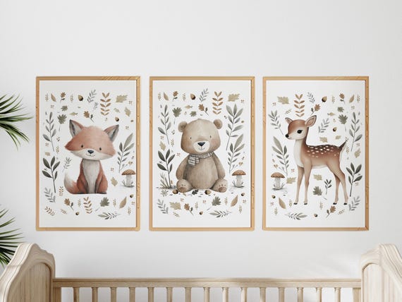 Woodland Nursery Wall Art, Fox Bear Deer Prints, Forest Theme Decor