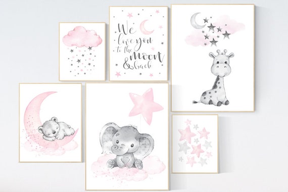 Nursery decor girl pink and gray, Nursery wall art animals, giraffe, bear, pink grey, nursery decor girl pink, girl nursery ideas