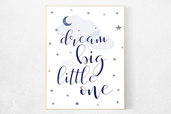 Navy nursery decor, nursery decor boy, nursery wall art boy, dream big little one, cloud and stars nursery, baby room wall art