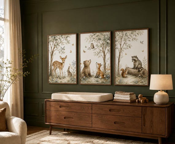 Woodland Nursery Wall Art Set of 3, Forest Animal Prints, Deer Bear Fox Raccoon