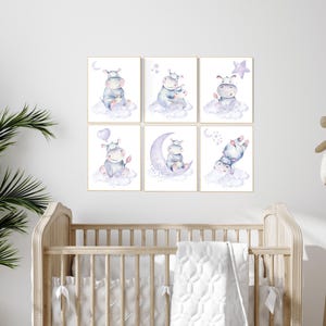 Hippo Nursery Prints: Purple Animal Wall Art
