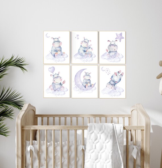 Nursery prints hippo, hippos, animal prints, purple nursery, nursery decor girl, hippopotamus, cute hippo, nursery wall art, lilac, lavender