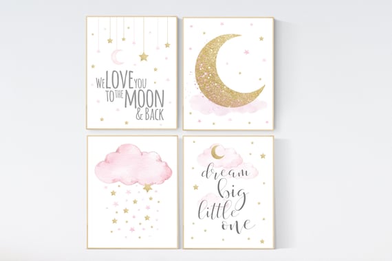 Nursery decor girl pink and gold, we love you to the moon and back, dream big little one, pink gold nursery art, cloud and stars, girls room