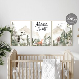 Nursery decor woodland, mountain wall art, tree nursery decor, adventure theme nursery, forest, sage green, beige, woodland animals