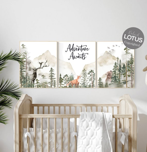 Nursery decor woodland, mountain wall art, tree nursery decor, adventure theme nursery, forest, sage green, beige, woodland animals