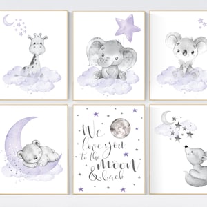 Nursery decor girl animals, purple nursery, lilac, elephant, bear, giraffe, animal nursery, lilac nursery, animal nursery prints