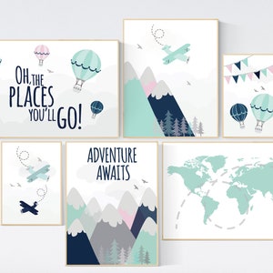 L'aventure attend la chambre de bébé, ensemble d'impressions d'art montagne, rose menthe marine, chambre de bébé aventure, montagne, avion, carte du monde, montgolfière