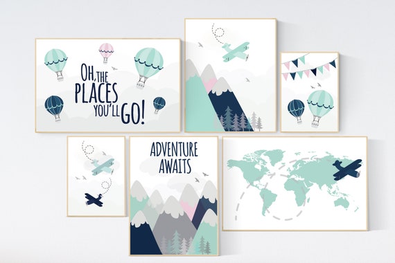 Adventure awaits nursery, Mountain art print set, navy mint pink, Adventure nursery, mountain, airplane, world map, hot air balloon