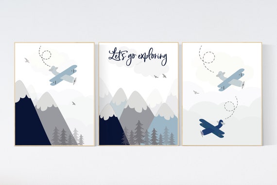 Adventure nursery decor, nursery decor boy adventure, nursery decor boy airplane, let's go exploring, mountain nursery, blue and navy