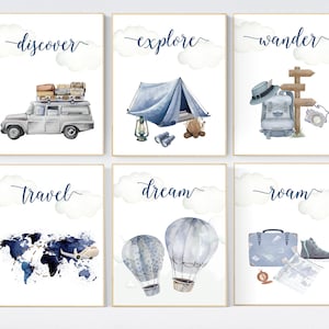 Travel nursery print, Explore nursery wall art, Baby boy nursery, Adventure Set of 6 prints, Camping Prints, Adventure Nursery Decor