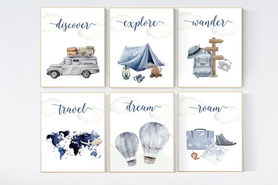 Travel nursery print, Explore nursery wall art, Baby boy nursery, Adventure Set of 6 prints, Camping Prints, Adventure Nursery Decor