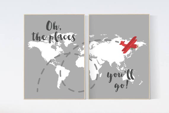 Oh the places you'll go, gray nursery decor, travel nursery decor, World Map wall art, world map nursery, navy gray nursery, grey nursery