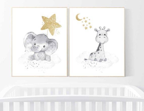 Baby room wall art gender neutral, nursery decor elephant, giraffe nursery, neutral nursery wall art, gray, grey, gold, gender neutral, twin