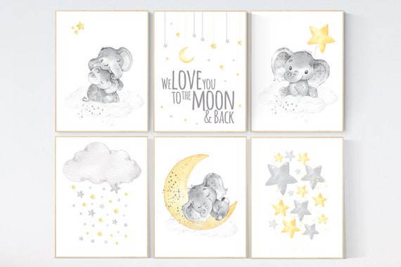 Yellow gray, elephant Nursery decor yellow, yellow nursery decor, gender neutral, baby room decor, yellow grey, twin nursery, baby room art