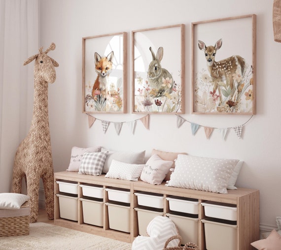 Floral Woodland Watercolor Prints, Safari Animals, wildflower prints, Girl's Room Decor, girl nursery, Safari Nursery Wall Art